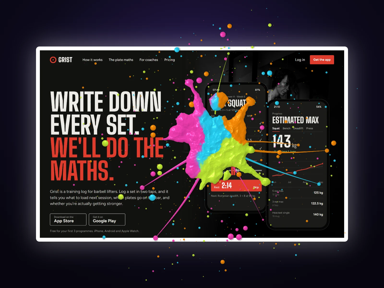 The Grist homepage with a white card edge on deep violet, hit by a multicolour splat of neon paint with flicks and drops