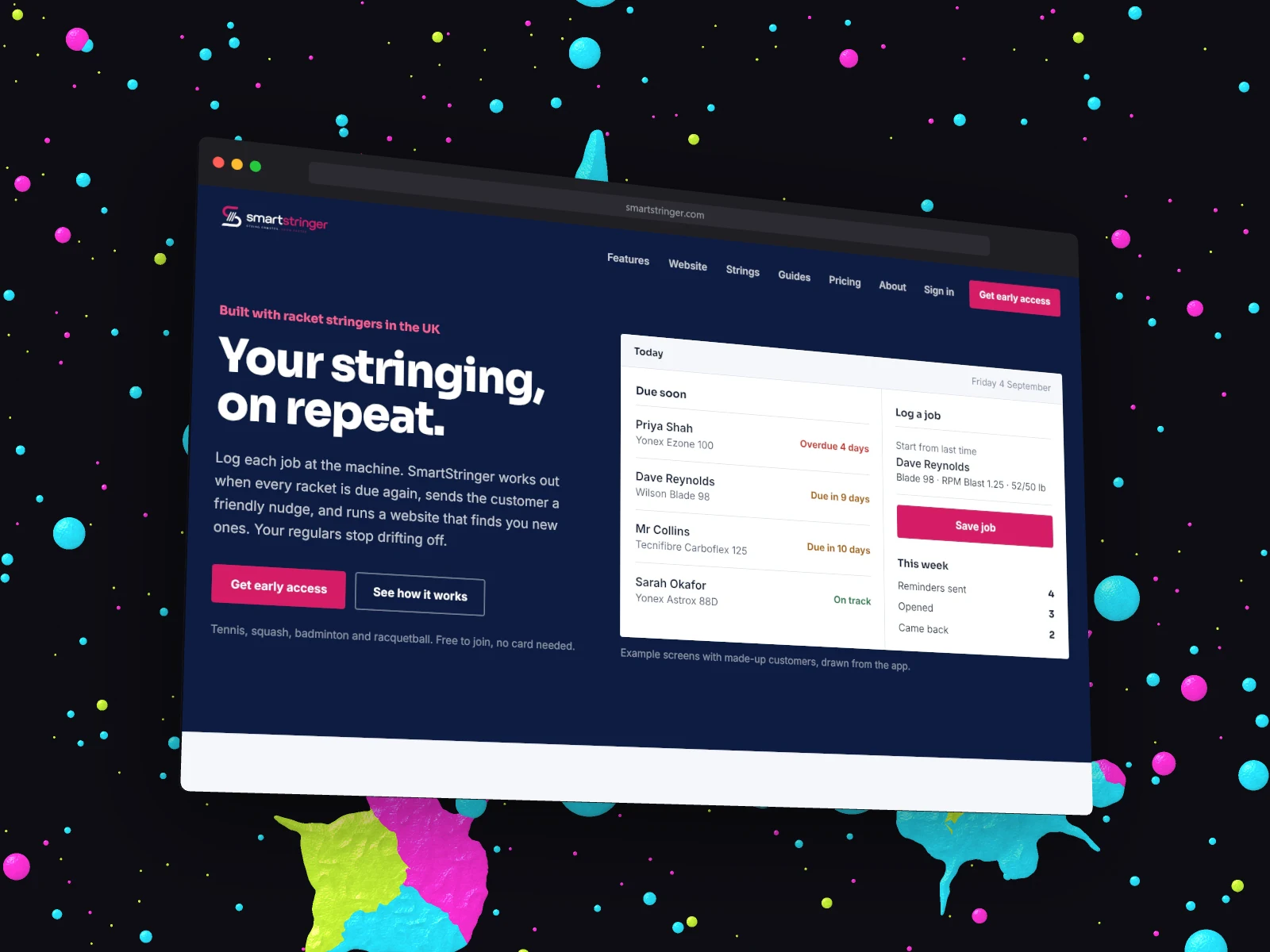 The SmartStringer homepage in a 3D dark Safari window on a black wall splattered with thick pink, cyan and lime paint