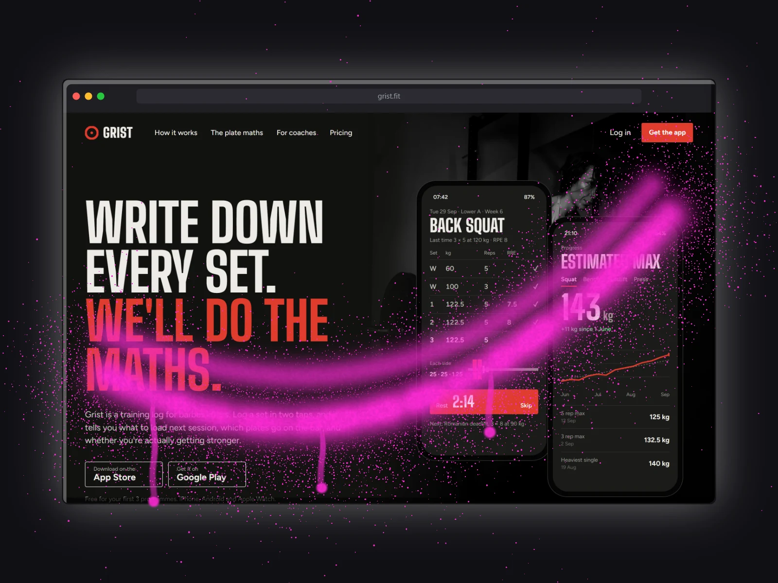The Grist homepage in a dark Safari window with a sweep of hot pink spray paint across it, on black