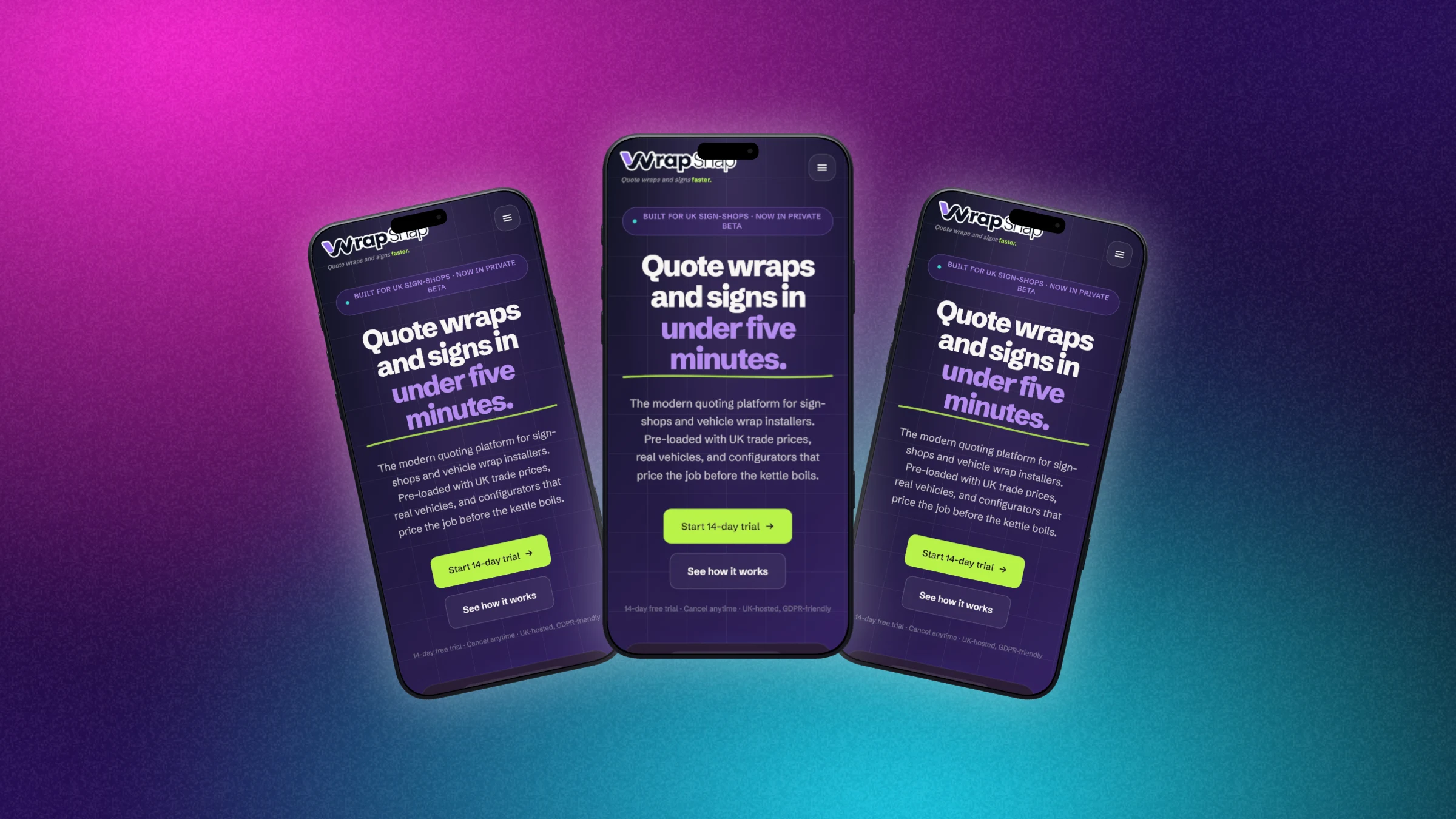 Three phones fanned out, WrapSnap, Baaark and SmartStringer, on a near black mesh of hot pink, violet and cyan glow