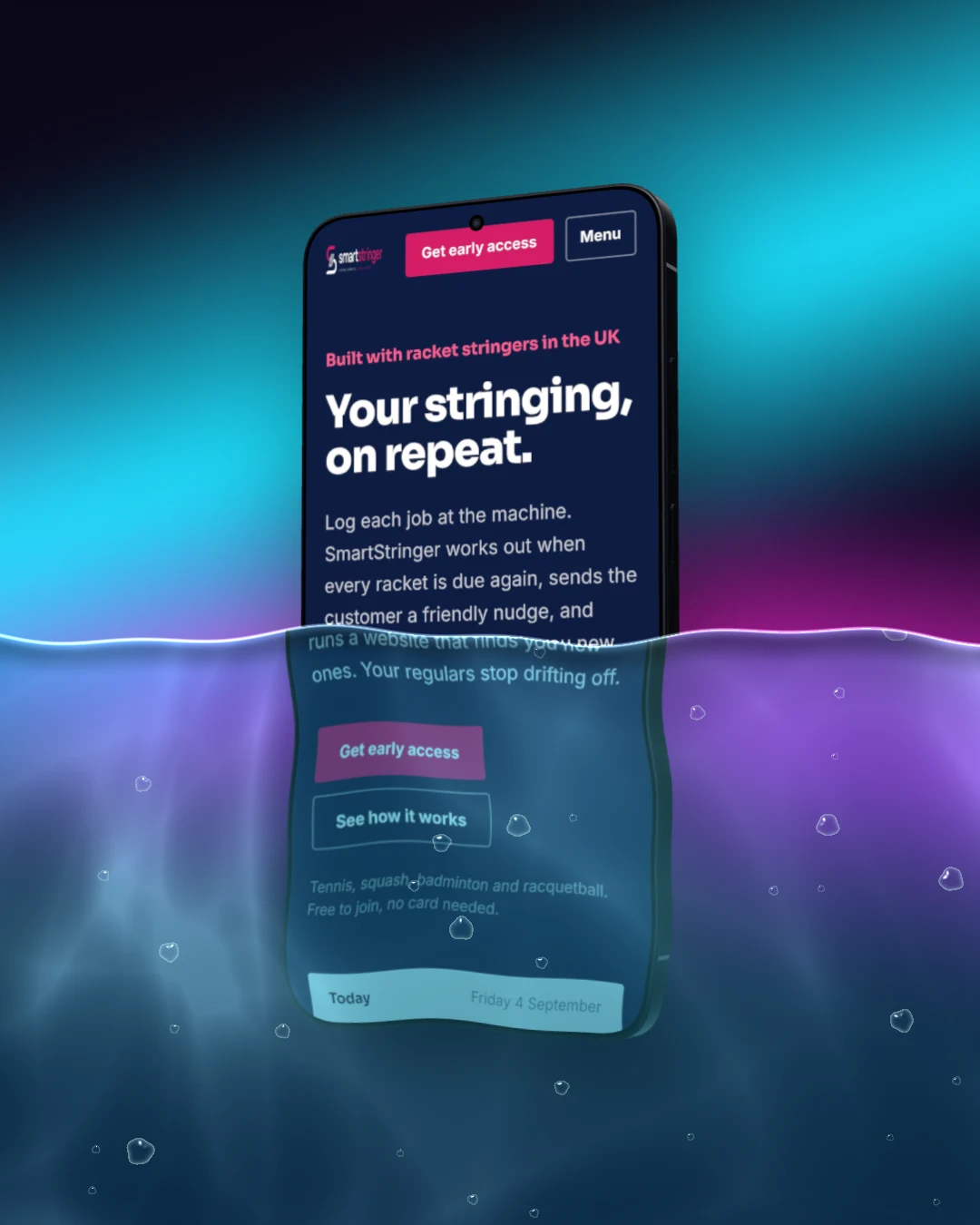 The SmartStringer app on a 3D Galaxy S26 Ultra half under water, on a cyan and pink aurora