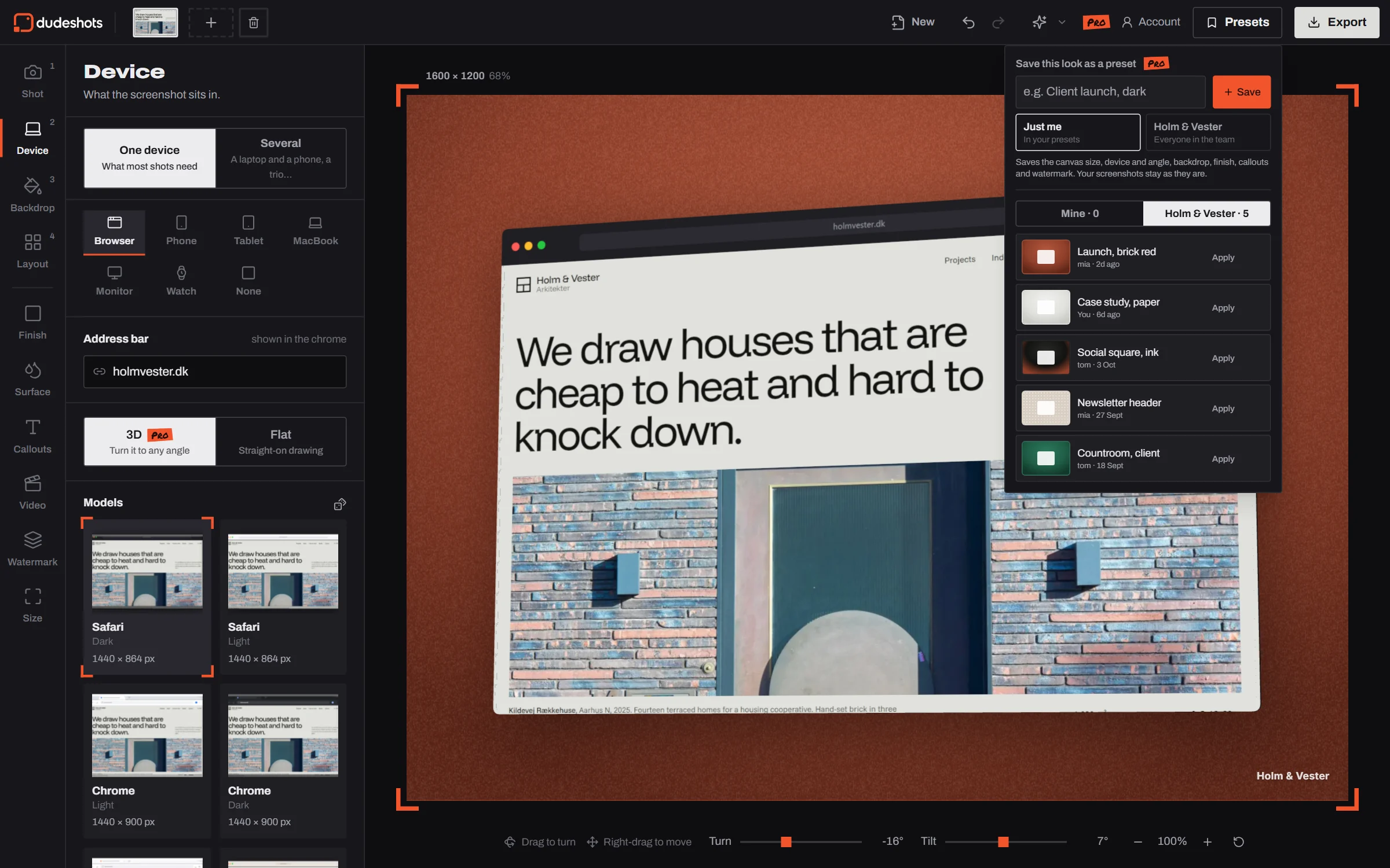 The DudeShots studio with the Presets menu open on the Holm & Vester team tab, five shared presets listed with who saved each, over the practice's site in a 3D Safari window on brick red