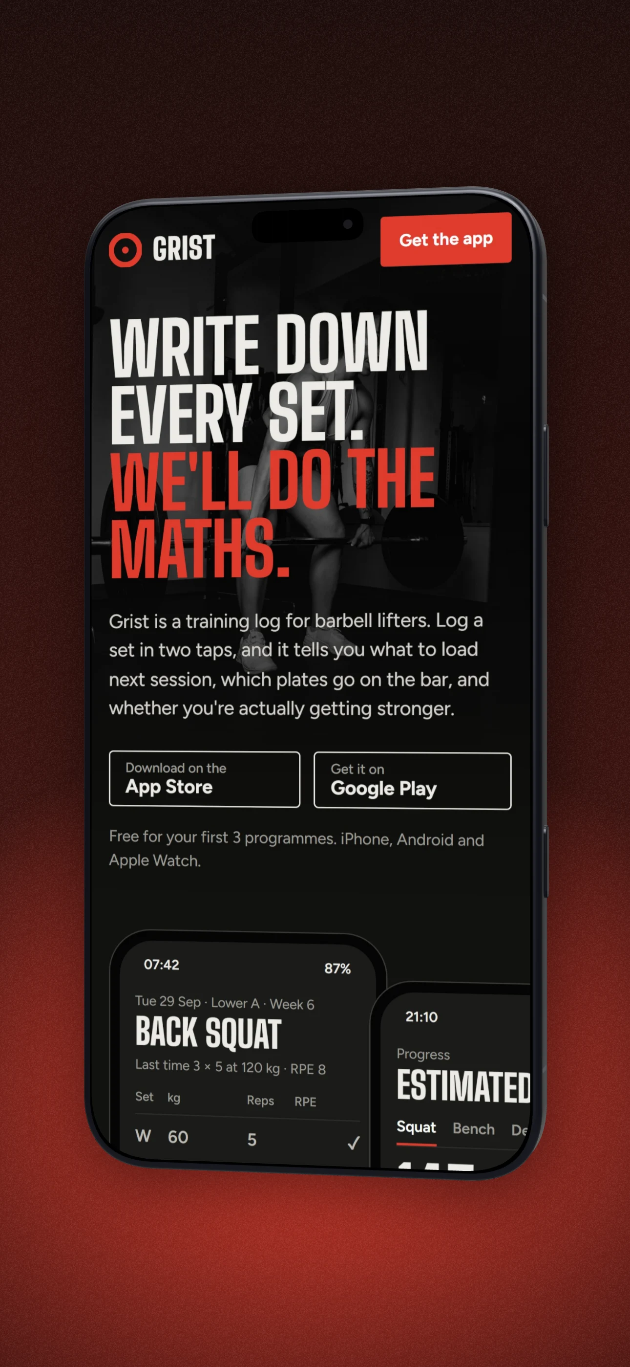 App Store sized screenshot: the Grist app on a 3D iPhone 18 Pro Max on a dark red and yellow horizon