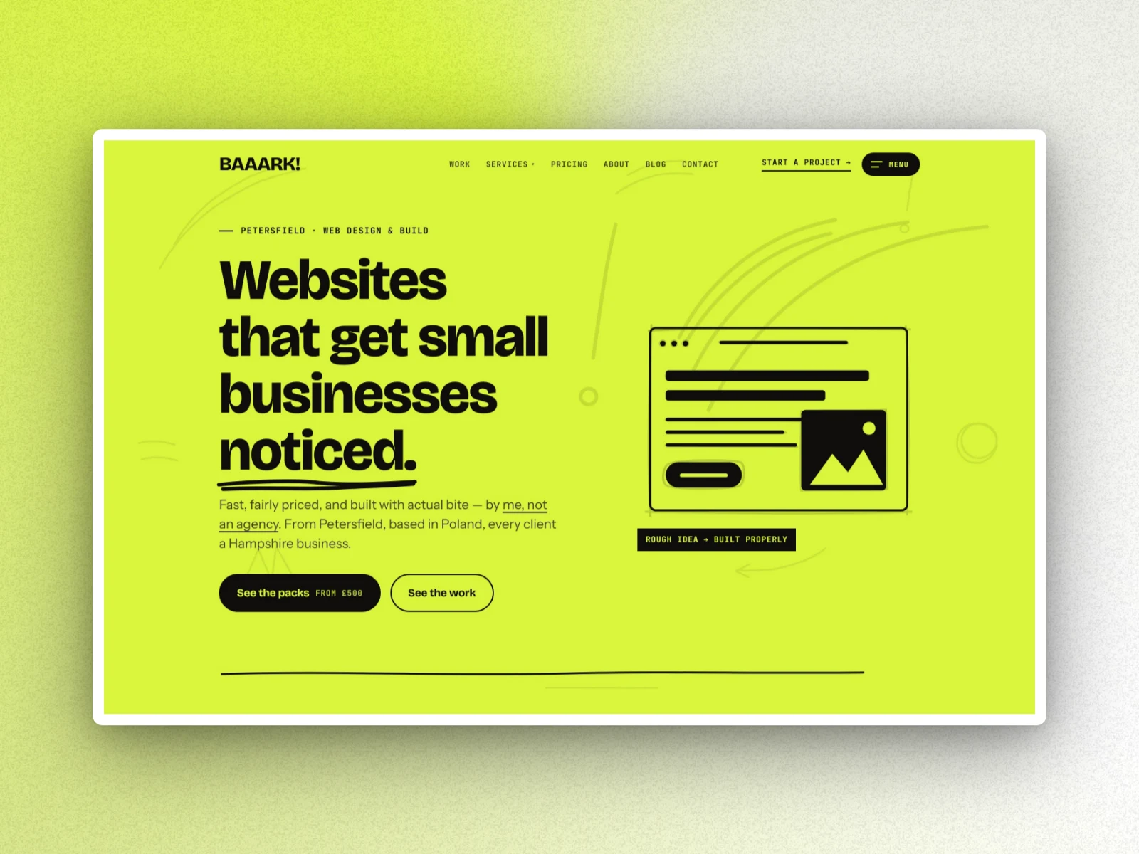 A plain screenshot of baaark.com with a white card border, soft shadow and a lime mesh background