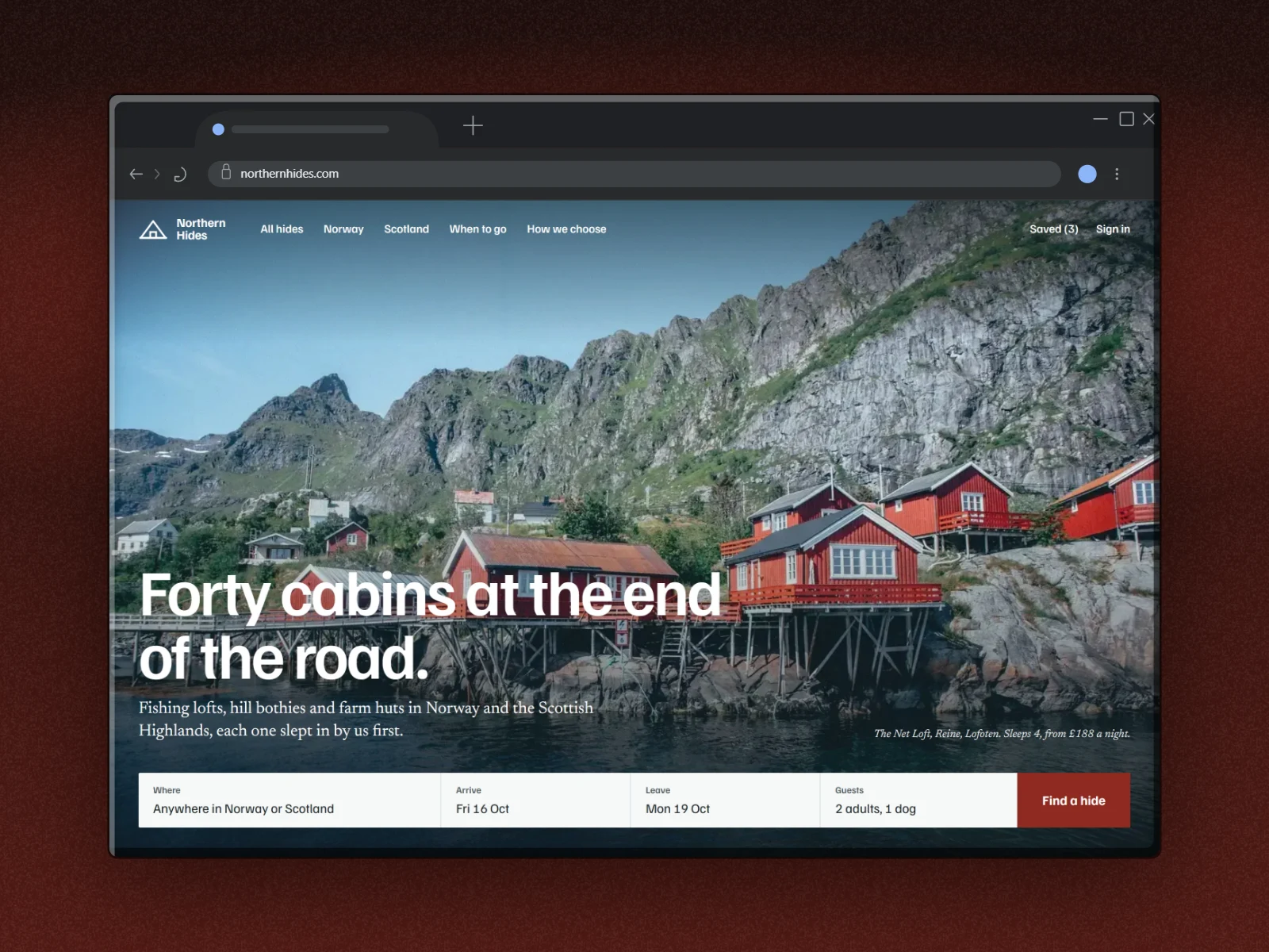 northernhides.com in a flat dark Chrome window on a deep red horizon backdrop