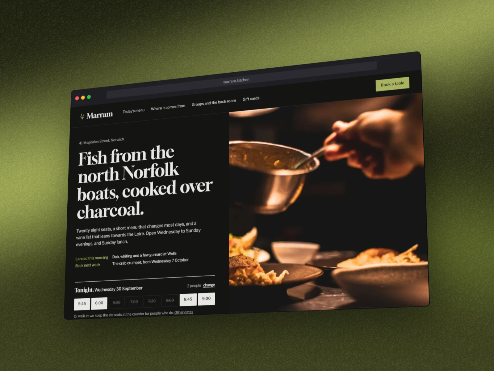 marram.kitchen, a restaurant's homepage, in a 3D Safari browser window, turned to the left, on a dark olive aurora
