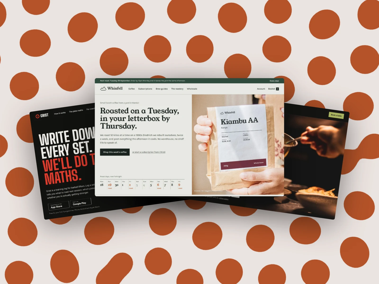 Three website homepages, Grist, Whinfell and Marram, fanned out with Whinfell in front, on a pattern of rust orange spots