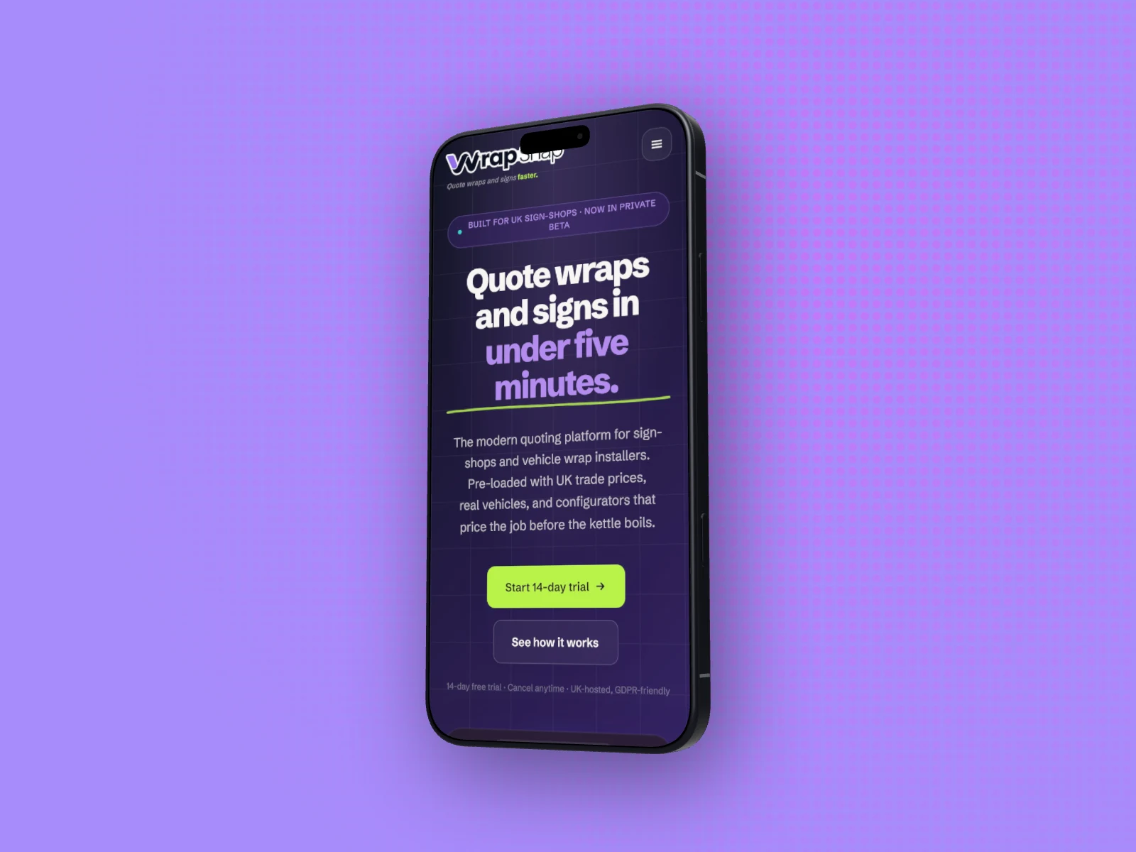 The phone version of wrapsnap.app on a 3D iPhone 18 Pro, turned to show its side, on violet halftone
