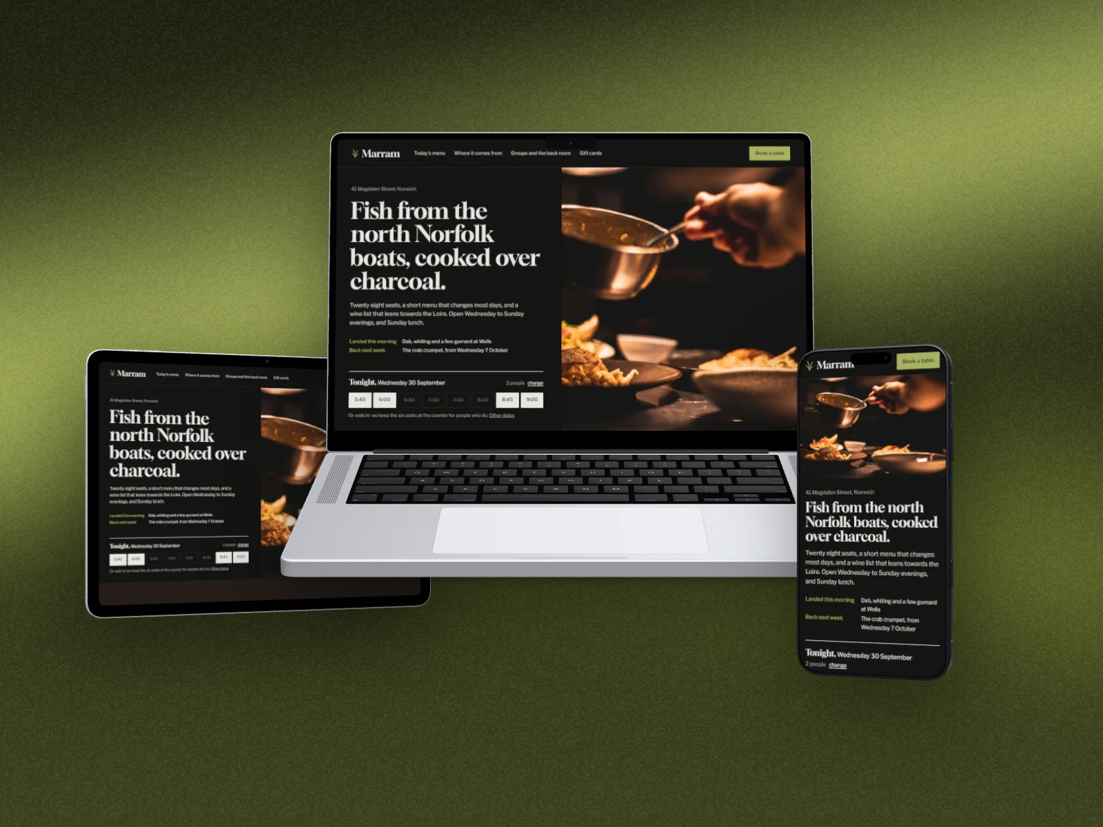 The Marram restaurant site on a 3D MacBook, an iPad and a phone, the phone showing the mobile layout, on a dark olive aurora
