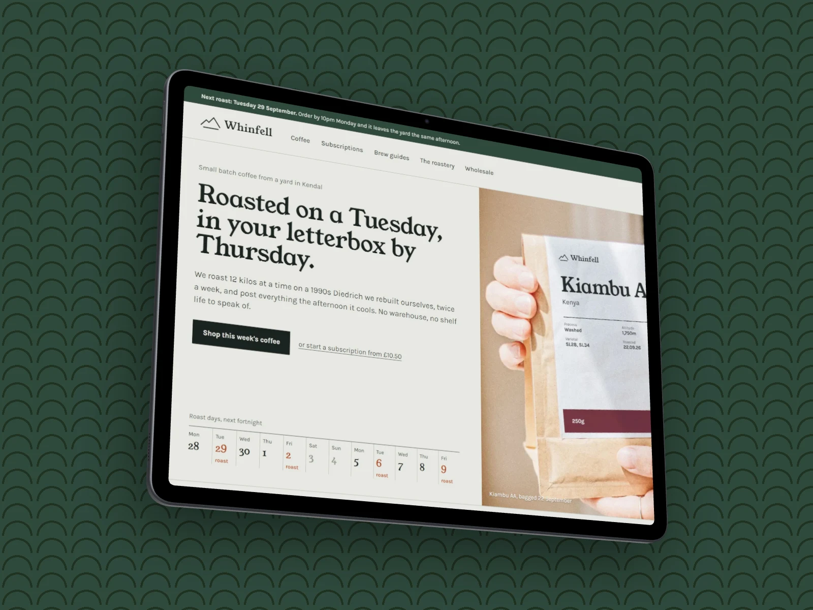 Whinfell Roasters' homepage on a 3D iPad Air 13 in landscape, tilted back and turned to the right, on moss green waves