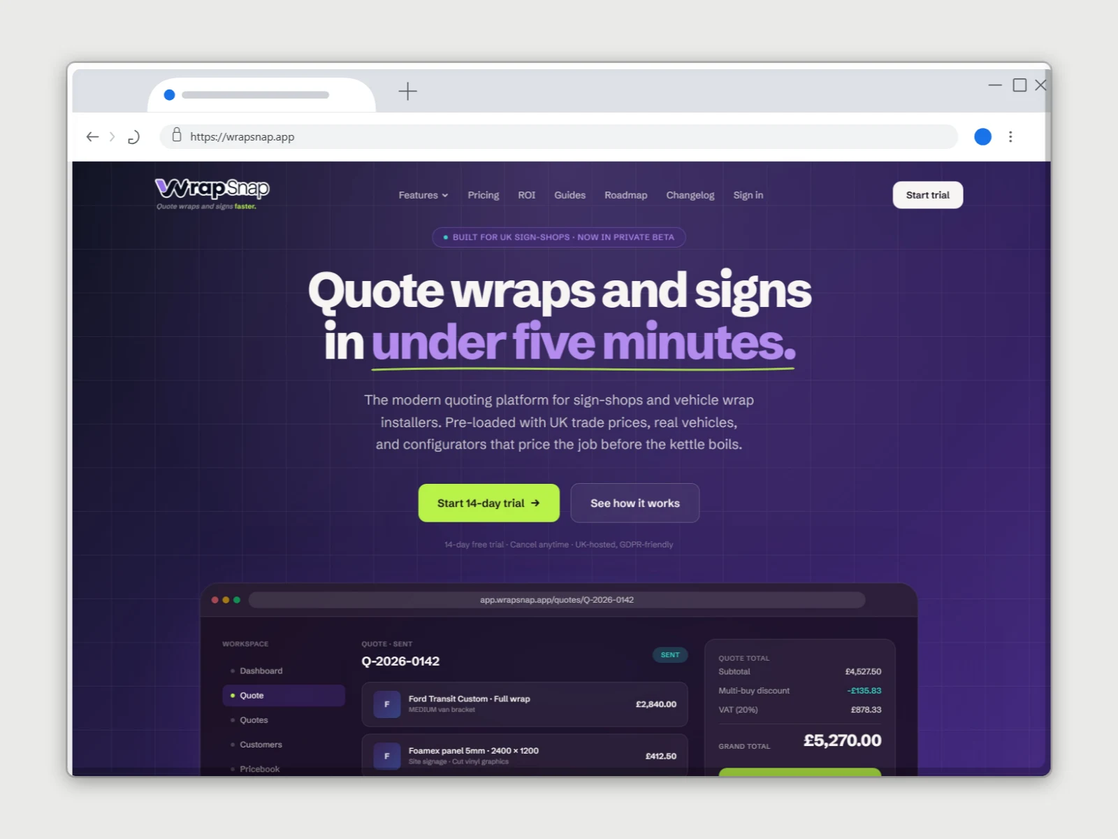 A capture of the WrapSnap website in a light Chrome window on pale grey: a purple hero with a glowing grid, a lime green button and a dark quote dashboard below
