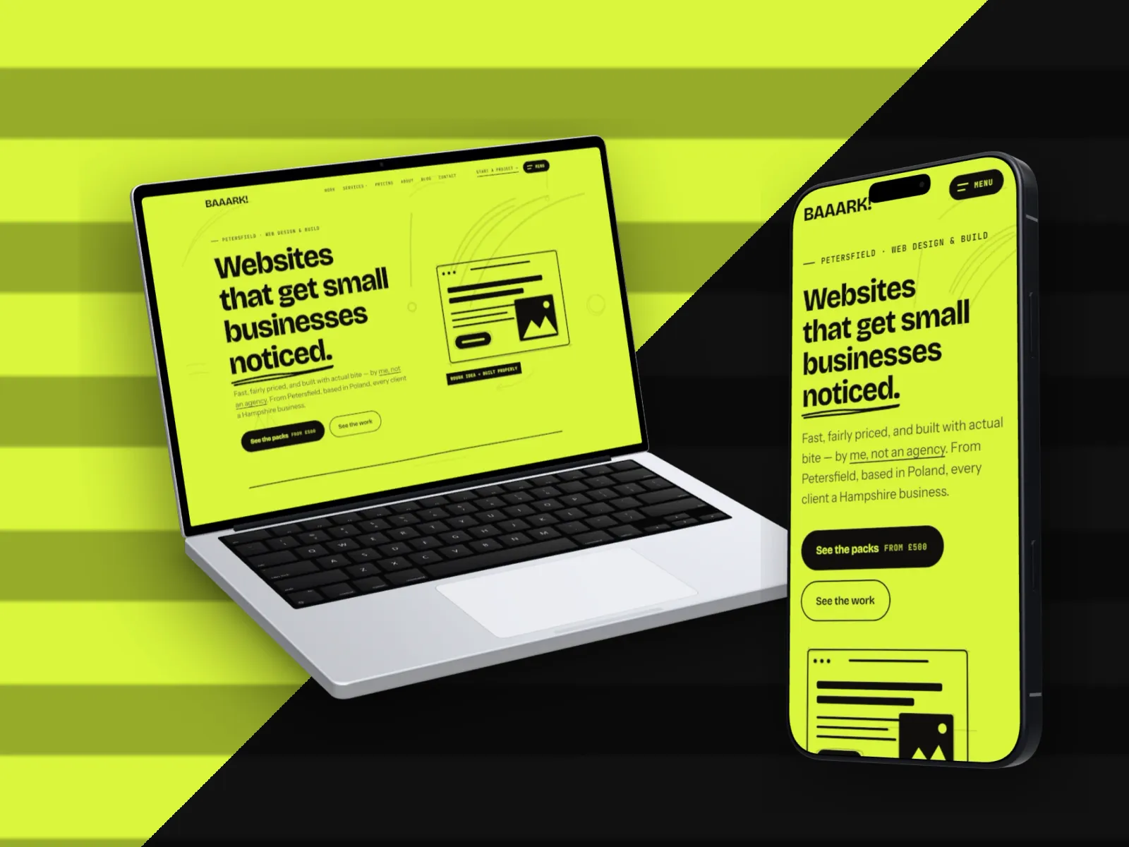 baaark.com on a 3D MacBook Neo and iPhone, on a lime and black split with blinds shadow