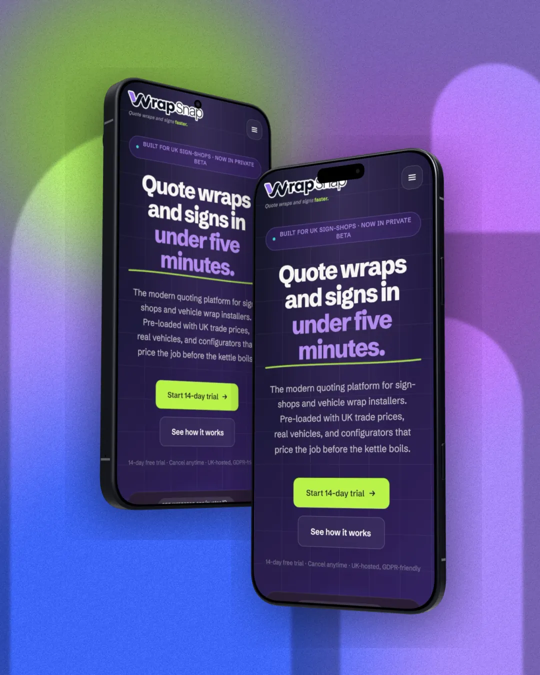 wrapsnap.app on a Pixel 11 and an iPhone Air, fanned on purple and lime lava under arches