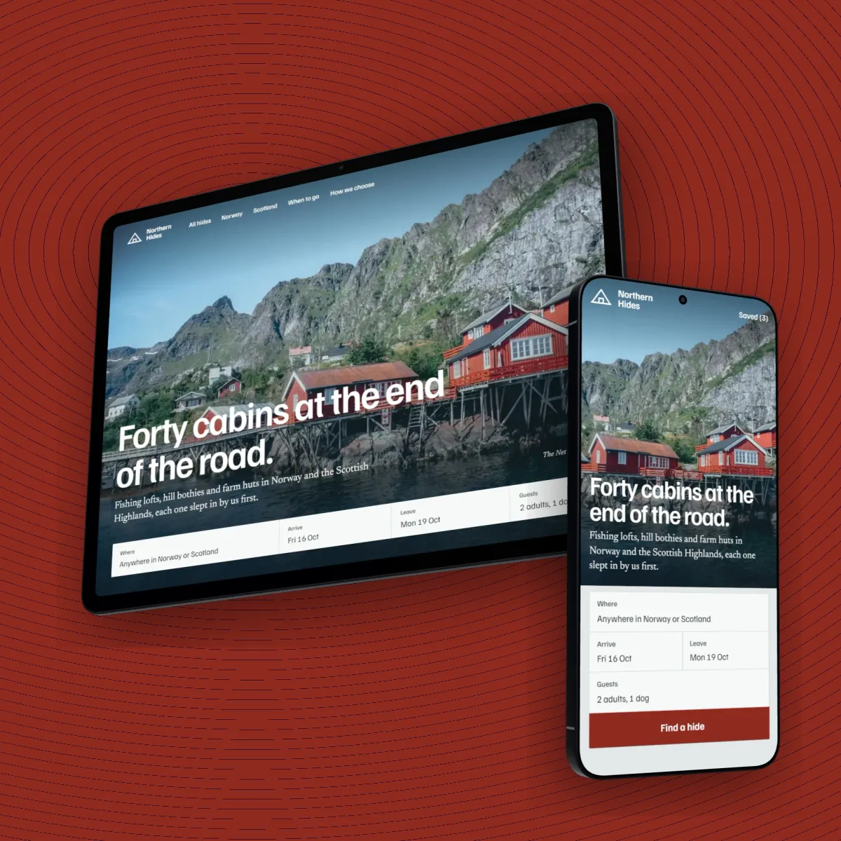 Northern Hides on a 3D iPad Pro and a Galaxy S26 Ultra, on falu red contour lines